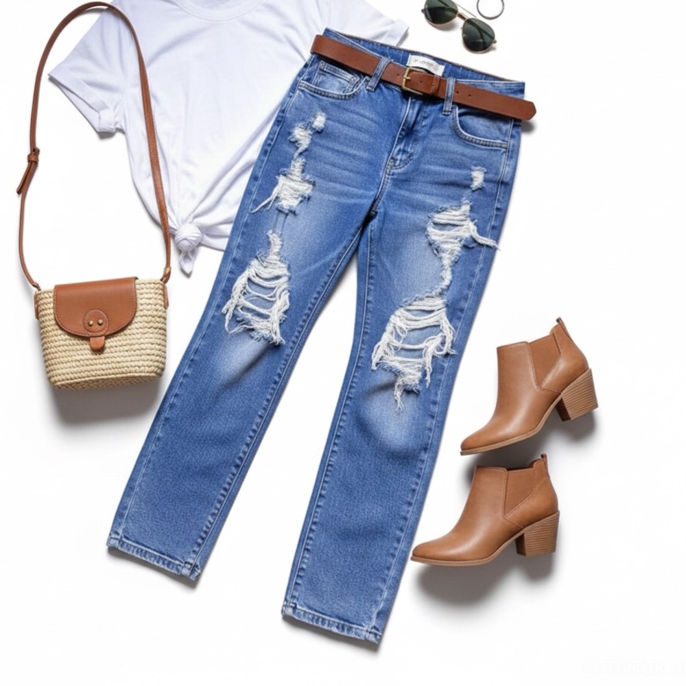 CELLO Women’s Ripped Distressed Blue Denim Jeans